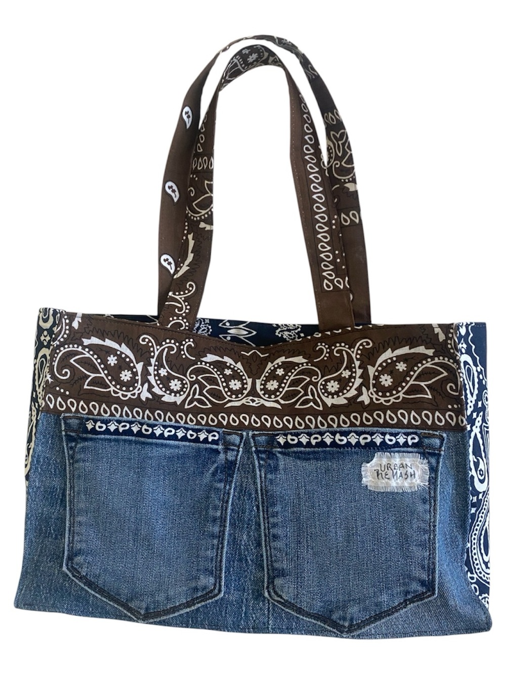 Upcycled Denim Pocket Boxy Mini Tote Bag with Brown and Navy Bandana Print